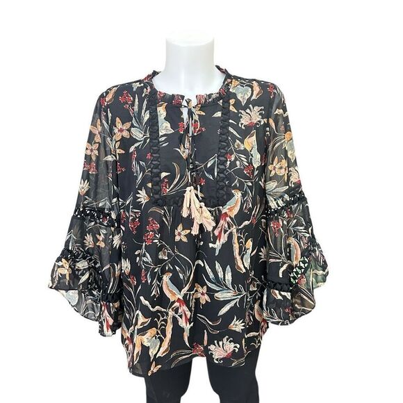 Anthropologie Maeve Odette Peasant Blouse Bird‎ Black Floral Flutter Sleeve L - Picture 1 of 8